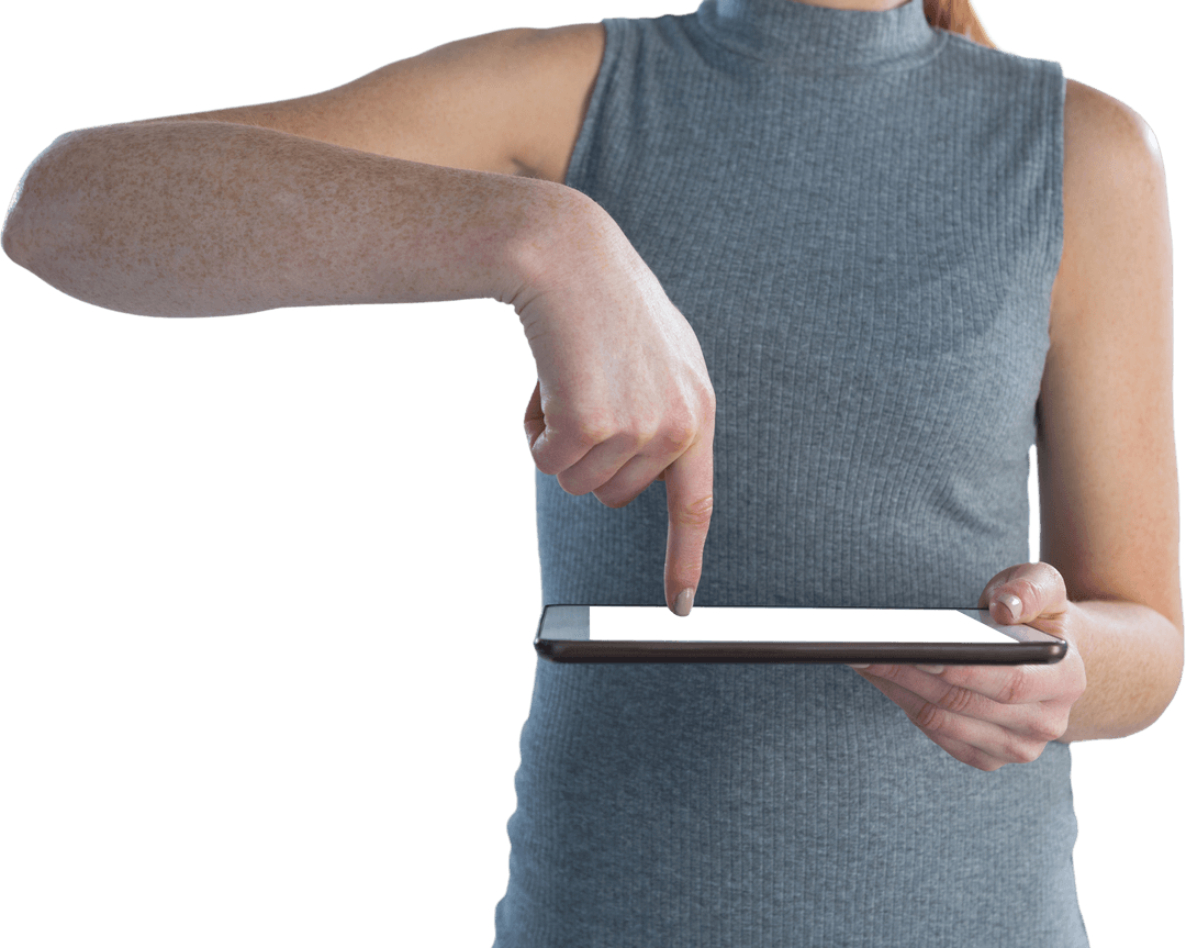 Transparent Mid-Section of Woman Using Digital Tablet in Grey Top