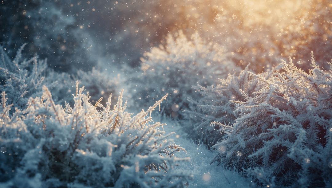 Frost-Covered Shrubs at Dawn with Ice Crystals Sparkling