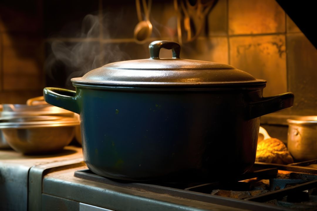 A steaming pot sits on a stove in a home kitchen - Free Images, Stock Photos and Pictures on Pikwizard.com