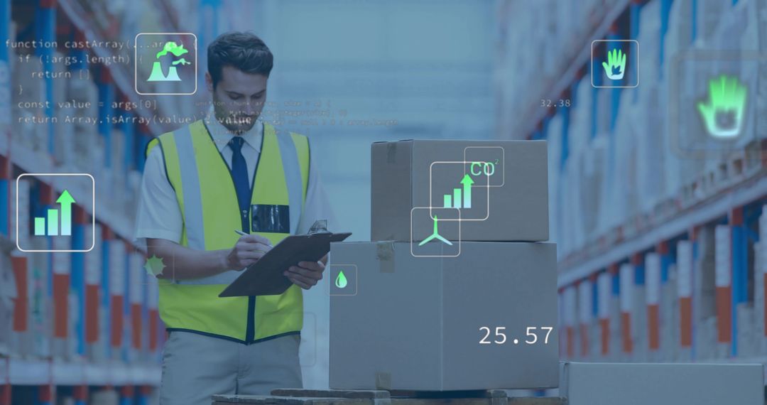 Warehouse worker scanning cartons with AR analytics for inventory and logistics management