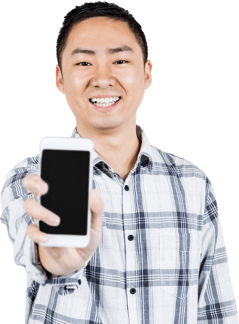 Happy Man Holding Smartphone with Transparent Background