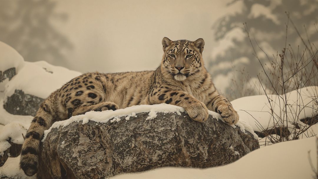 Snow Leopard Resting on Snowy Rock in Winter Mountain Landscape