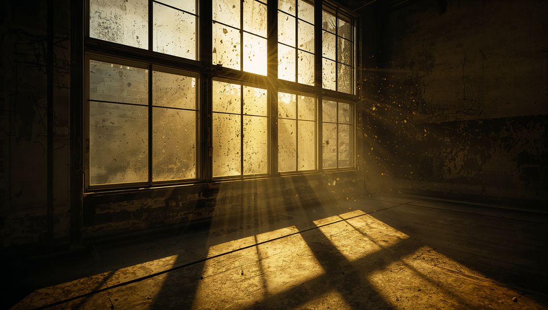 Sunbeam Through Dusty Window in Abandoned Room with Cracked Floor