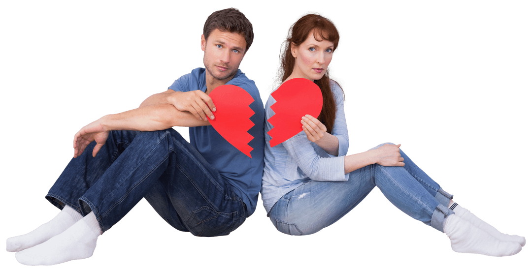 Sad Couple Holding Broken Heart on Transparent Background