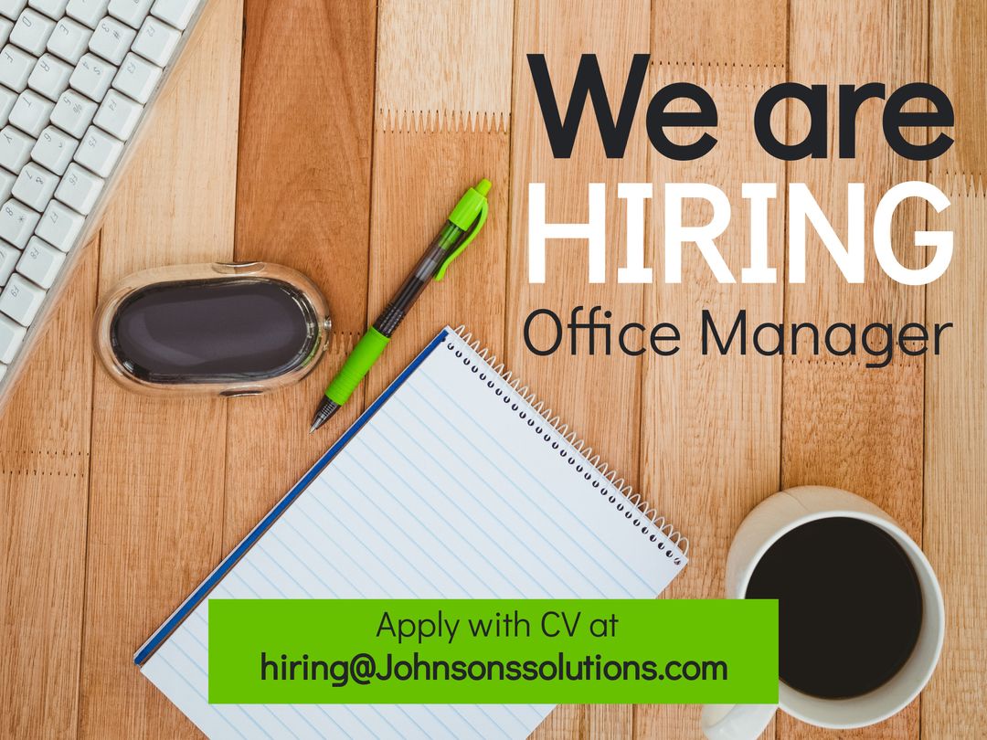 We Are Hiring Office Manager Announcement on Wooden Desk Background - Download Free Stock Templates Pikwizard.com