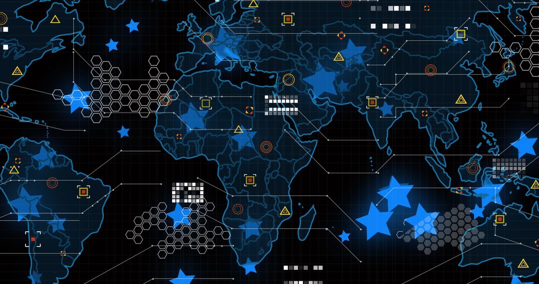 Abstract Digital World Map with Blue Star Tech Icons on Black