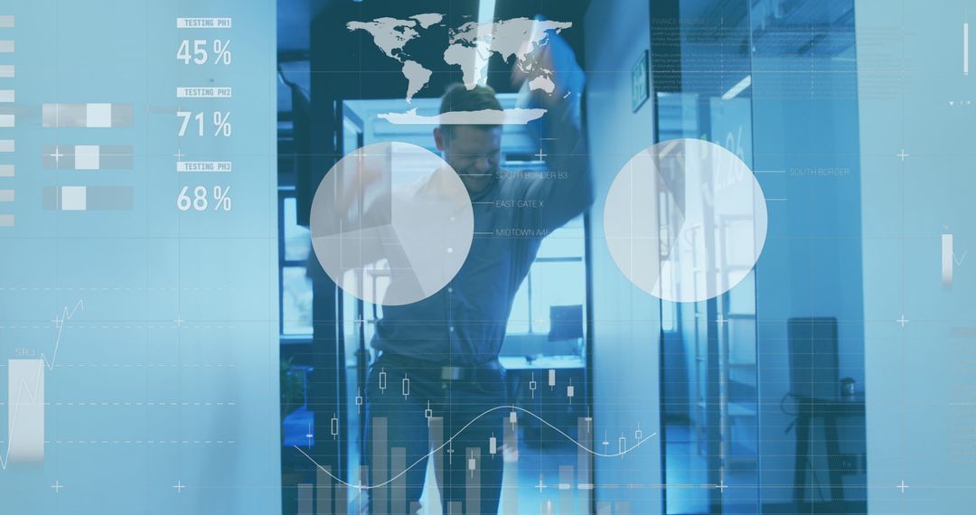 Businessman Celebrating Amidst Dynamic Digital Data Interface