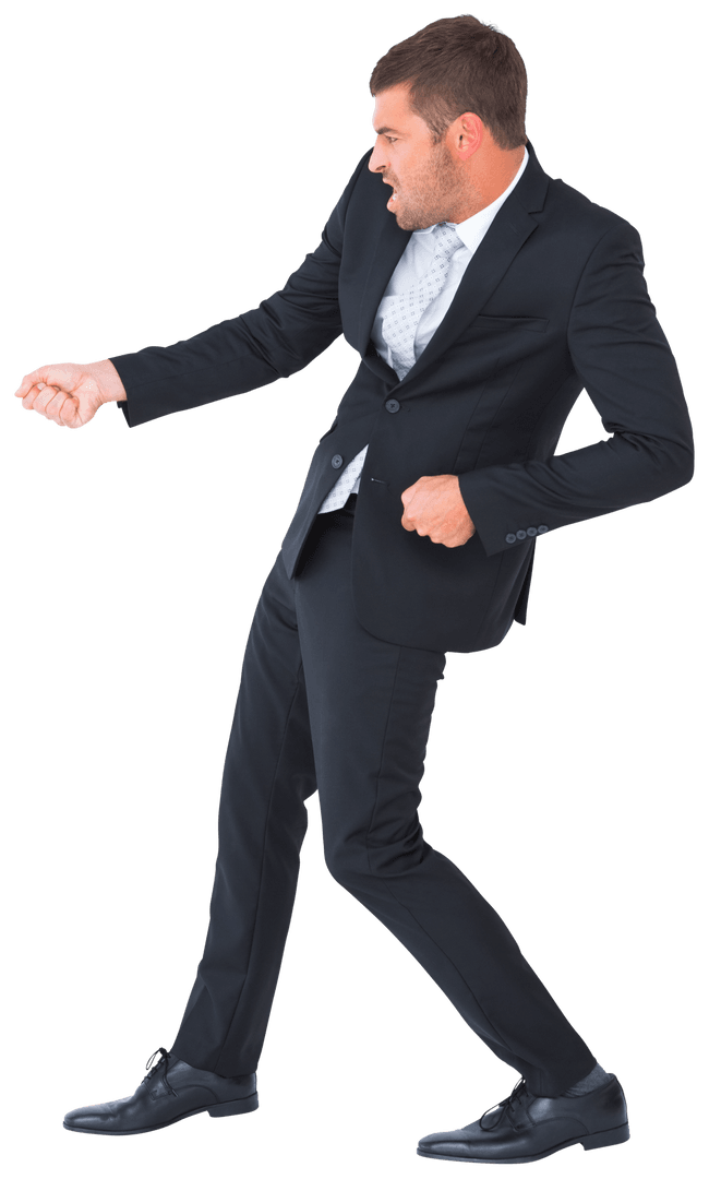 Dynamic Businessman in Contorted Pose on Transparent Background