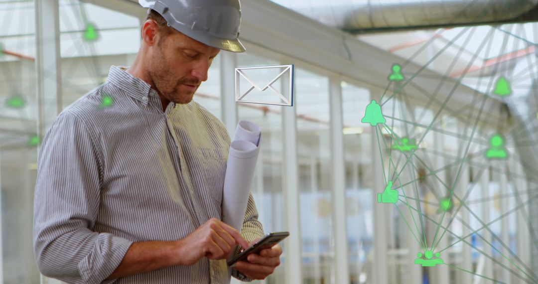 Architect Using Smartphone in Workplace with Digital Network Overlay