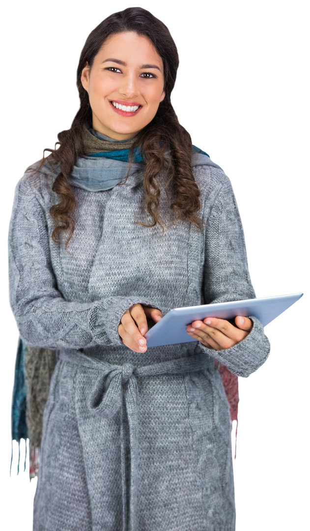 Smiling Woman in Transparent Background Wearing Winter Coat with Tablet - Download Free Stock Images Pikwizard.com