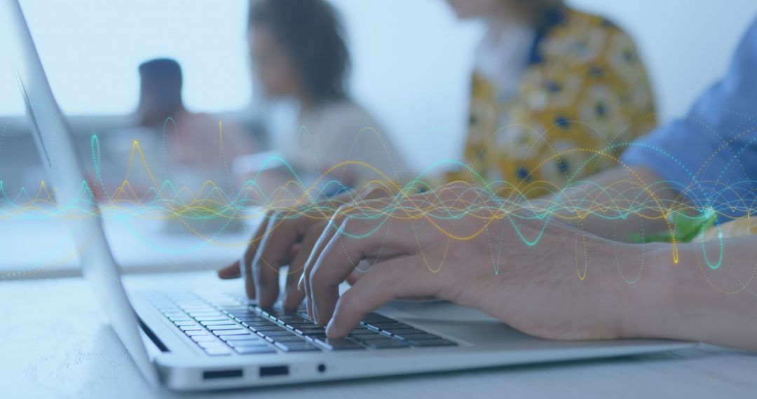 Typing at Laptop with Digital Connectivity Interface Overlay