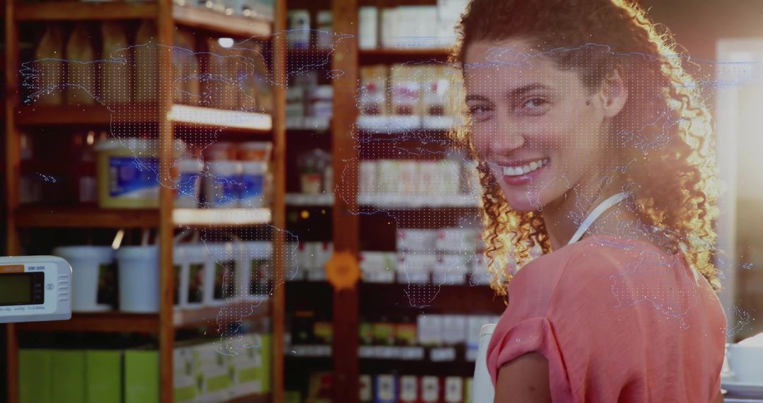 Smiling Woman in Apron at Storefront with Digital Overlay
