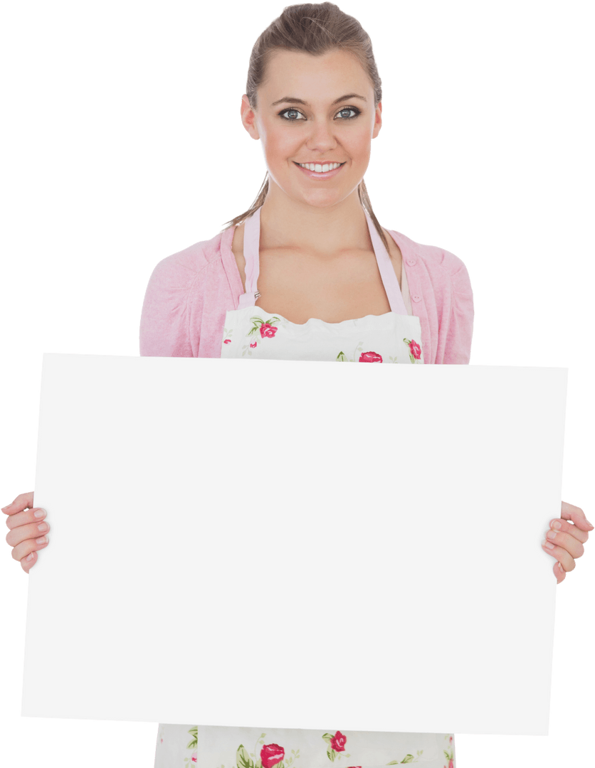 Young Woman Holding Blank Transparent Sign in Apron