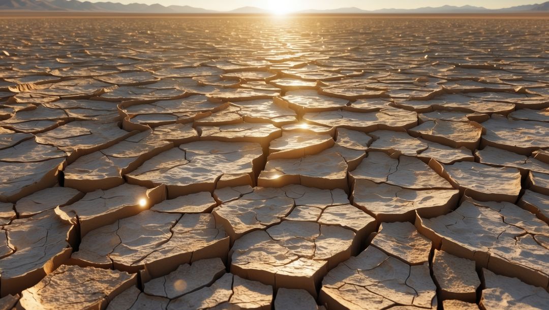 Cracked Earth at Sunlit Desert Salt Flat Capturing Drought Impact