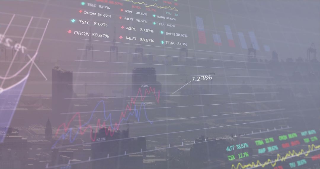 Digital Charts Overlay on Misty City Skyline