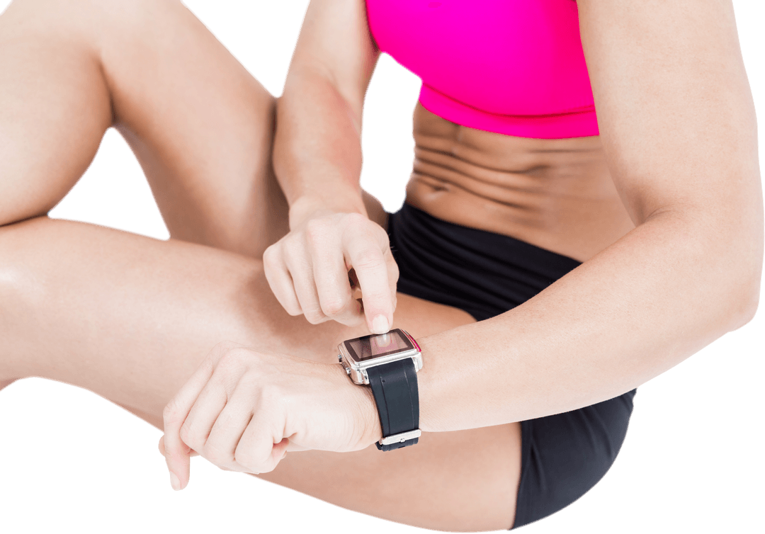Female Athlete Using Smartwatch for Fitness Tracking Transparent
