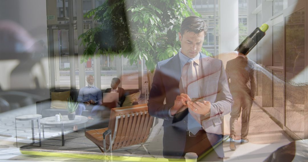 Business Professional Using Smartphone in Modern Office Lobby