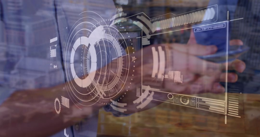 Hands Holding Smartphone with Futuristic Holographic Interface