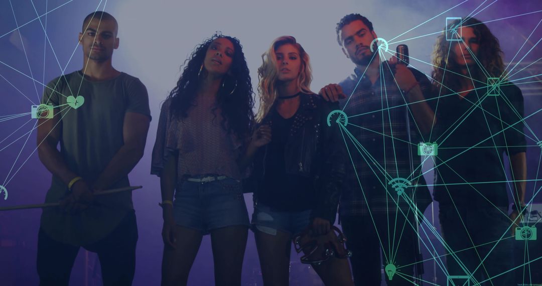 Musicians Performing on Stage with Digital Network Overlay