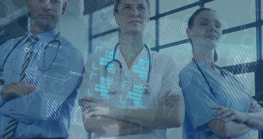Futuristic Medical Team with Tech Data Overlay in Digital Corridor