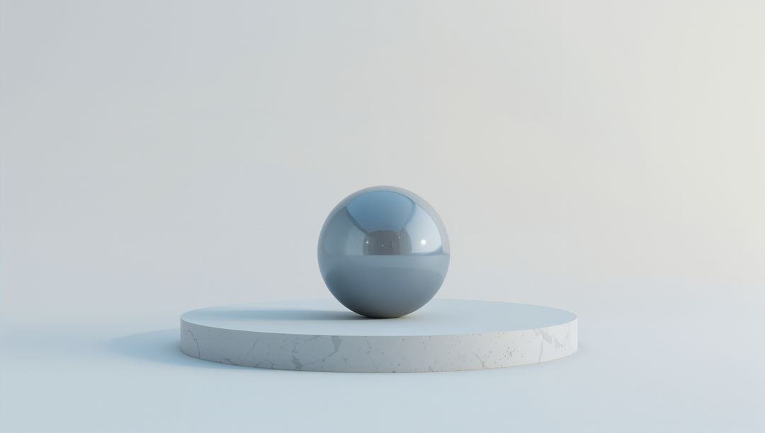 Shining Metallic Sphere Sitting on Marble Plinth with Soft Shadow and Reflective Surface
