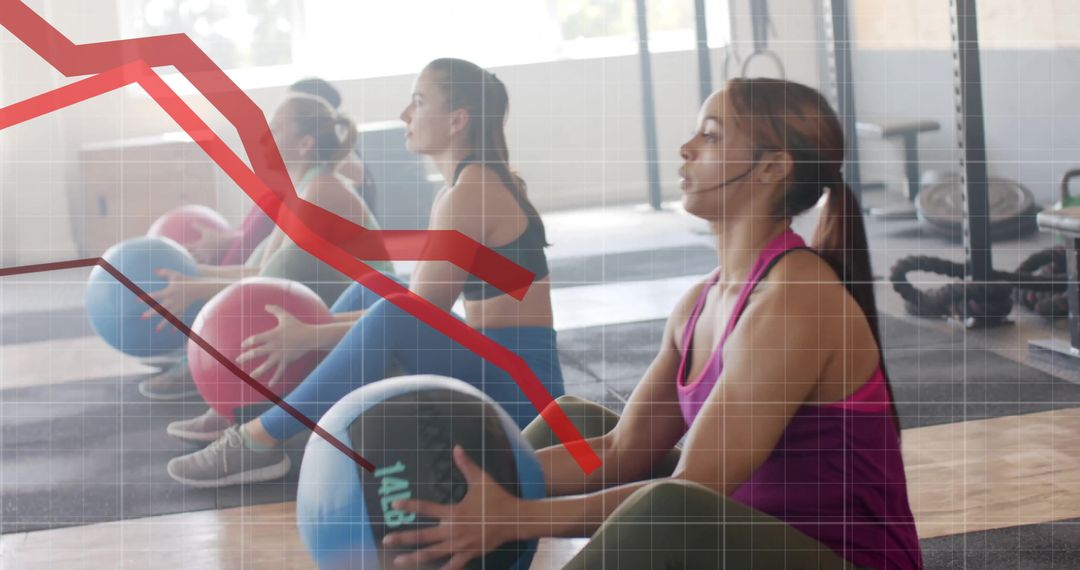 Diverse Group of Women Exercising Amidst Declining Graph Overlay