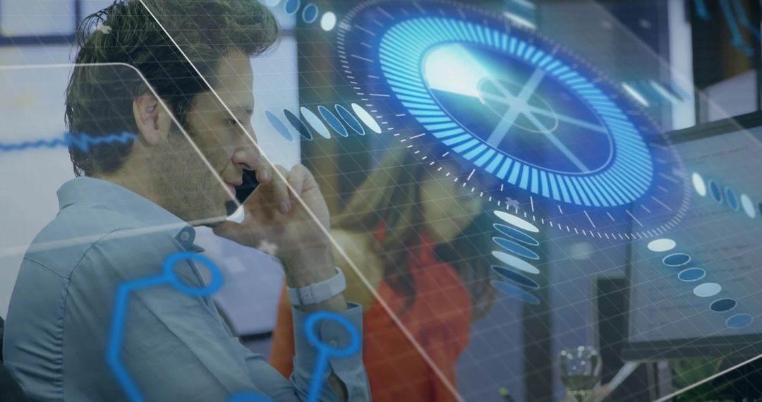 Professional Analyzing Data with Holographic Interface at Tech Workplace