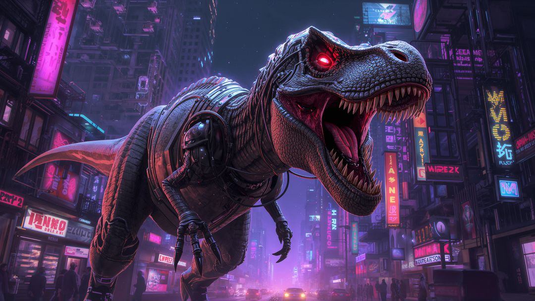 Cyberpunk Robotic T-Rex Roaming Futuristic City