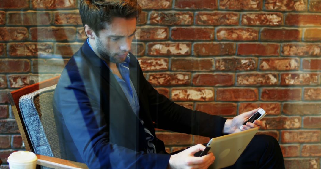 Businessman using Mobile Devices in Relaxed Cafe Setting