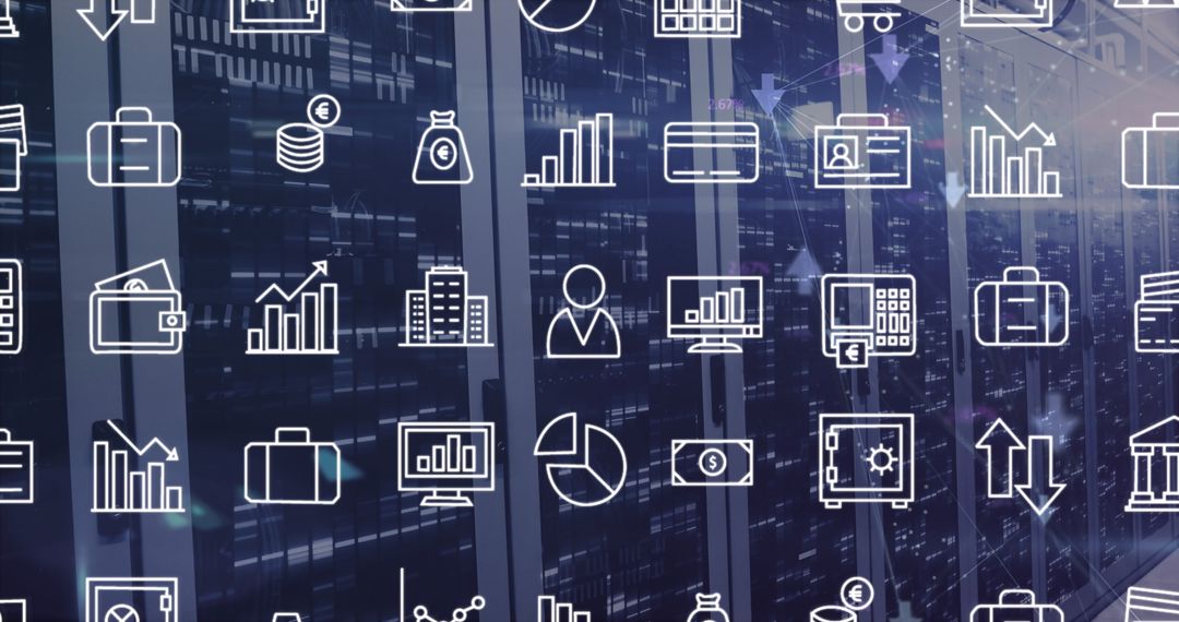 Digital Interface with Business Data Icons in Server Room