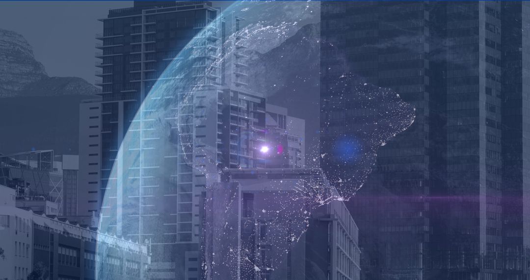 Double Exposure of Globe and Modern Cityscape Highlighting Global Trade
