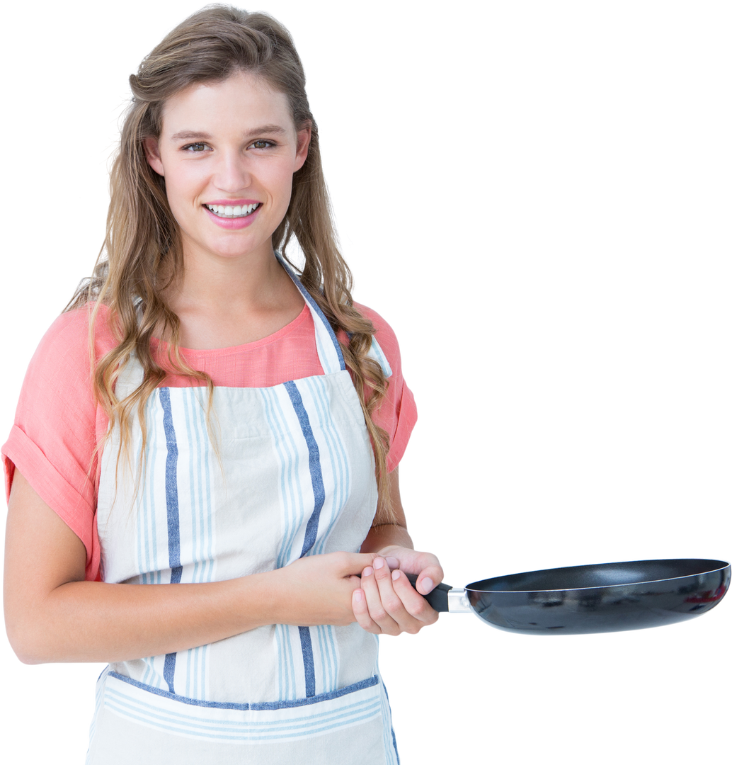 Smiling Young Woman with Frying Pan and Apron Over Transparent Background - Download Free Stock Images Pikwizard.com