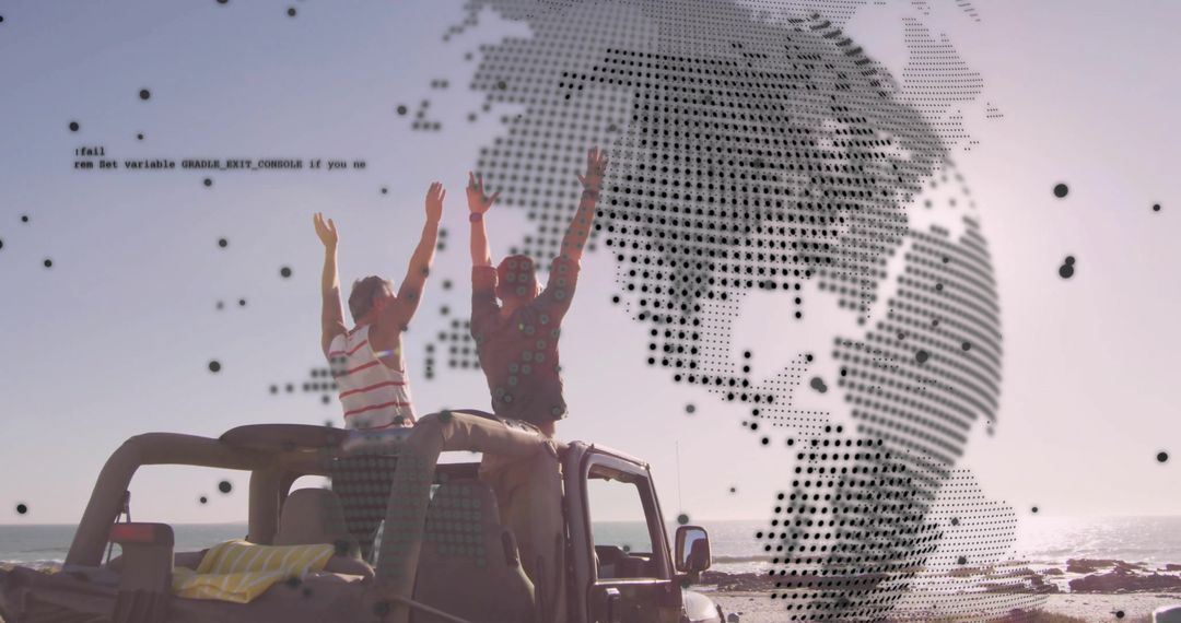 Two Men Raising Arms Standing on Jeep Roof at Seaside with Halftone Globe Overlay