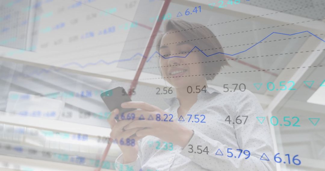 Woman Analyzing Financial Data with Smartphone in Office