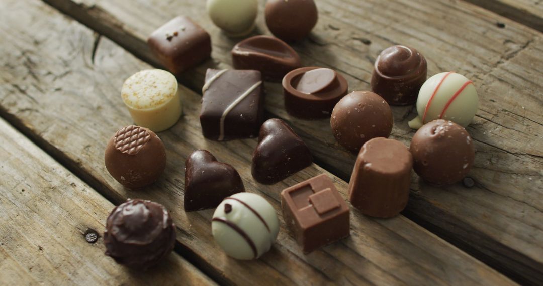Assorted Gourmet Chocolates on Rustic Wooden Surface