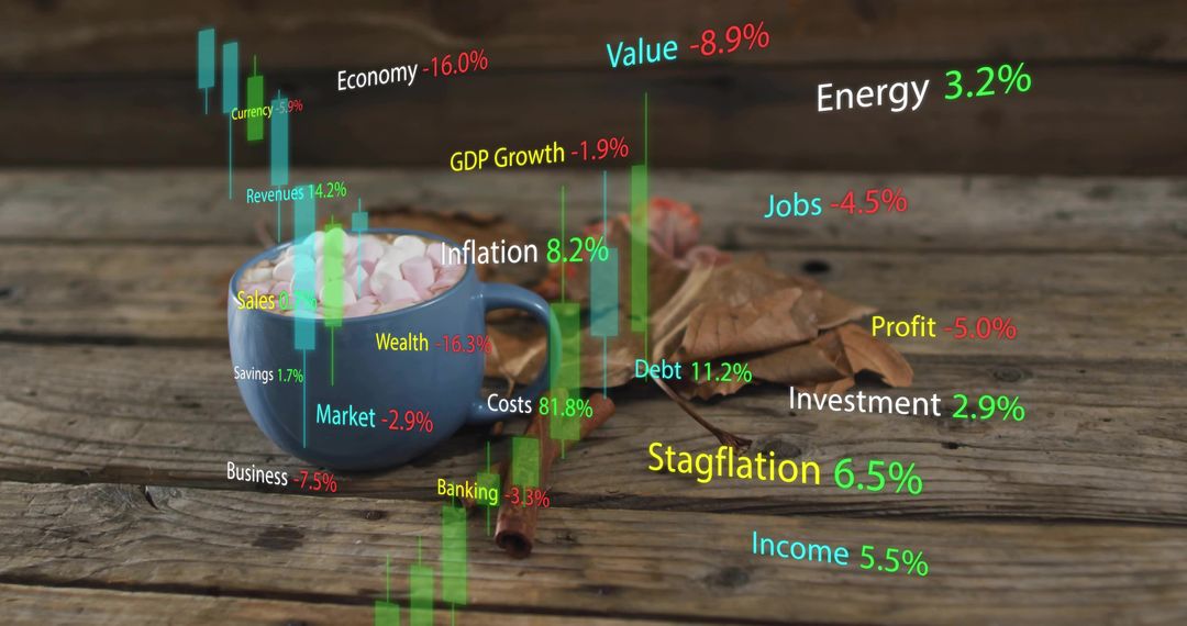 Rustic autumn mug with marshmallows and augmented finance data blending cozy and analytics