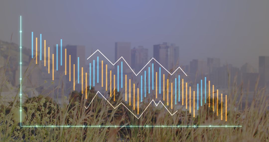 Graphs Overlaying Cityscape with Technology and Data Visualization Theme