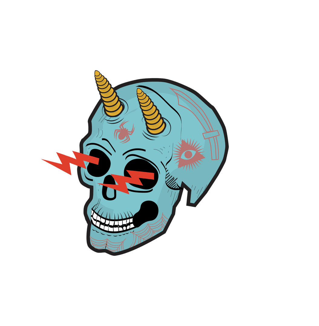 Transparent Skull Illustration with Horns and Tattoos