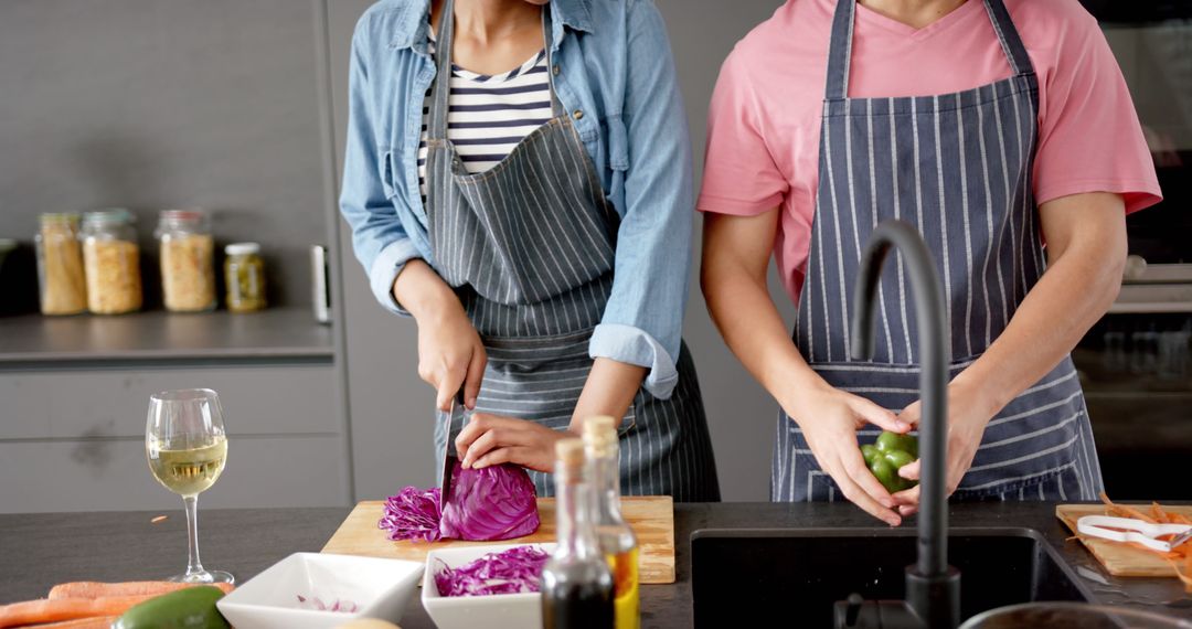 Couple Preparing Meal Together in Kitchen - Free Images, Stock Photos and Pictures on Pikwizard.com