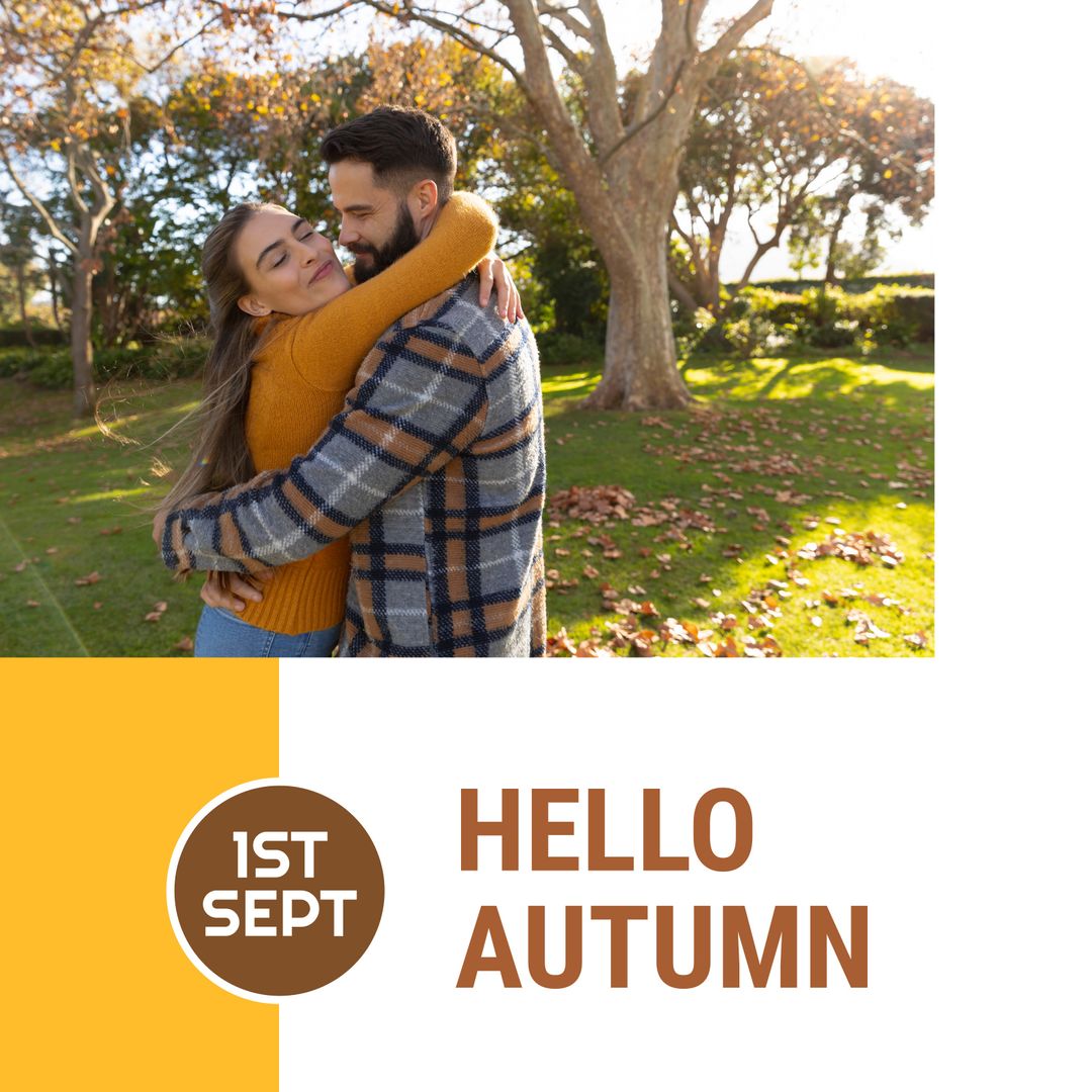 Happy Couple Embracing in Autumn Park with Seasonal Greeting