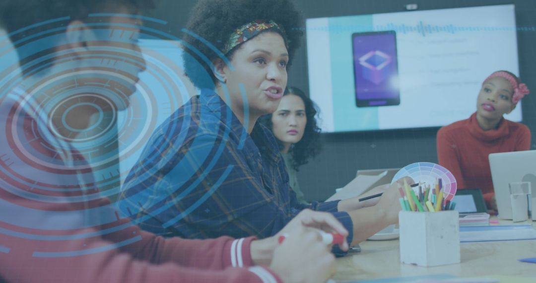 Diverse Team Collaborating on Digital Interface Project