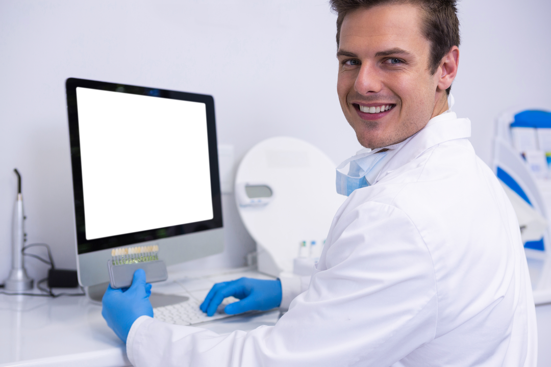 Happy Dentist Wearing Gloves Using Computer with Transparent Background - Download Free Stock Images Pikwizard.com