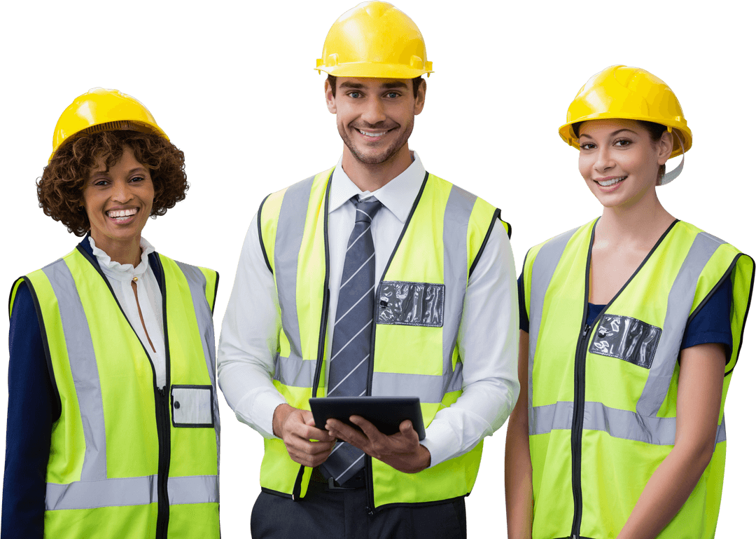 Group of Diverse Architects Wearing Transparent Reflective Vests Smiling