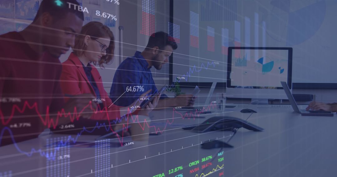 Diverse Team Collaborates Overlaid with Global Stock Market Data