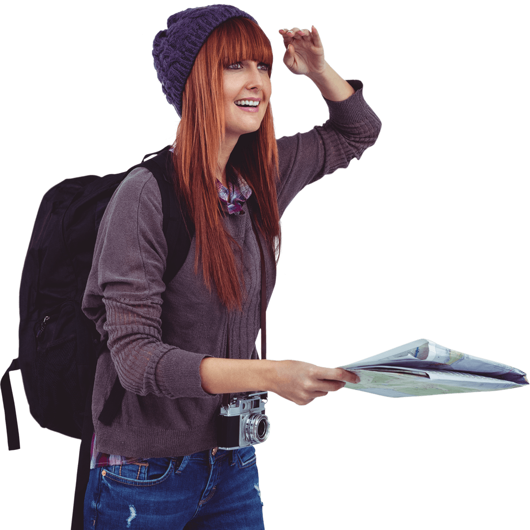 Smiling Hipster Woman Holding Map on Transparent Background