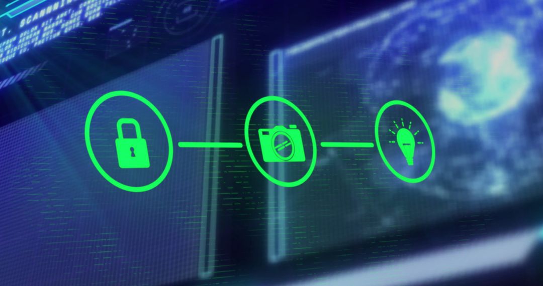 Futuristic Cybersecurity Icons on Holographic Screens