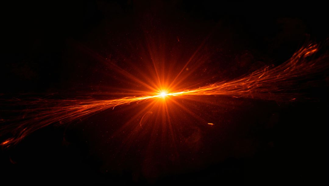 Radiant orange core emitting radial flares and horizontal plasma filaments in dark void