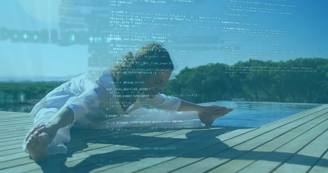 Woman Exercising Outdoors with Digital Code Overlay