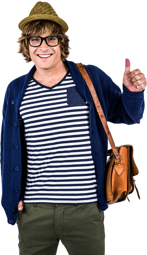Young Hipster Man Giving Thumbs Up with Transparent Background