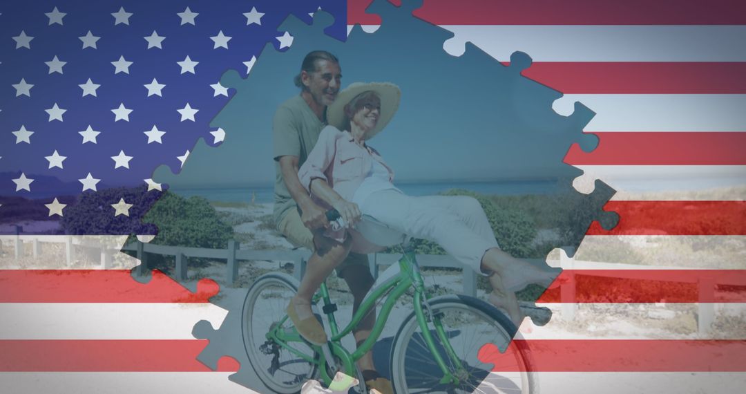 Senior Couple Riding Bicycle on Beach with American Flag Puzzle Overlay